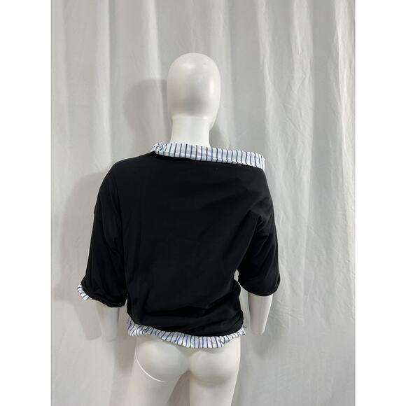 Dries Van Noten 'Twisted' Black Striped Cotton-Poplin Off Shoulder T-Shirt Size - Picture 3 of 5